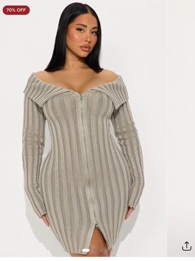 NWT! Off-Shoulder Ribbed Zip Front Sweater Dress - Taupe